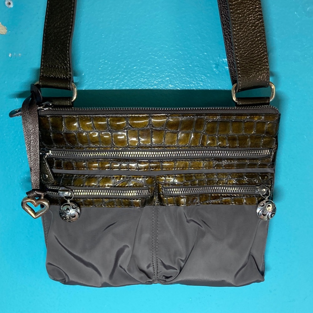 Brighton Olive Green Patent Leather Gray Nylon "Go Go" Crossbody Messenger Bag